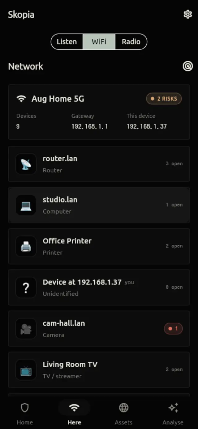The WiFi screen: the network name, device count and a list of devices with open ports.